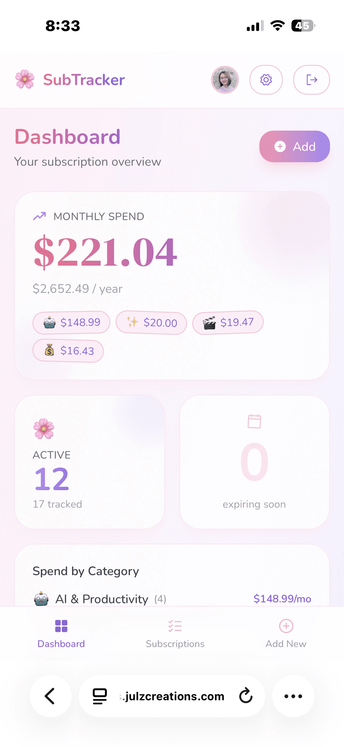 SubTracker dashboard